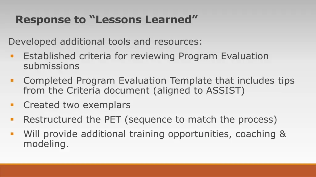 response to lessons learned