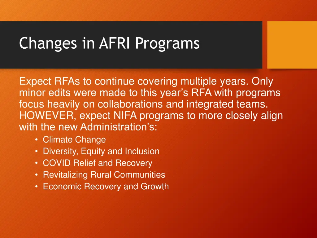 changes in afri programs
