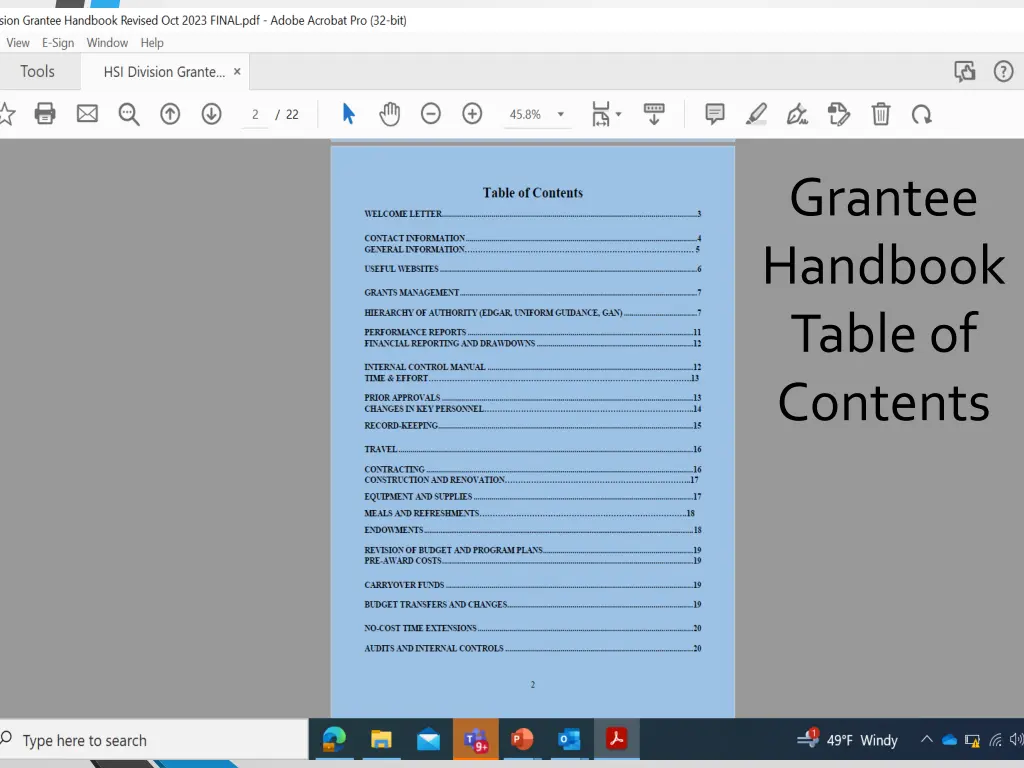 grantee handbook table of contents