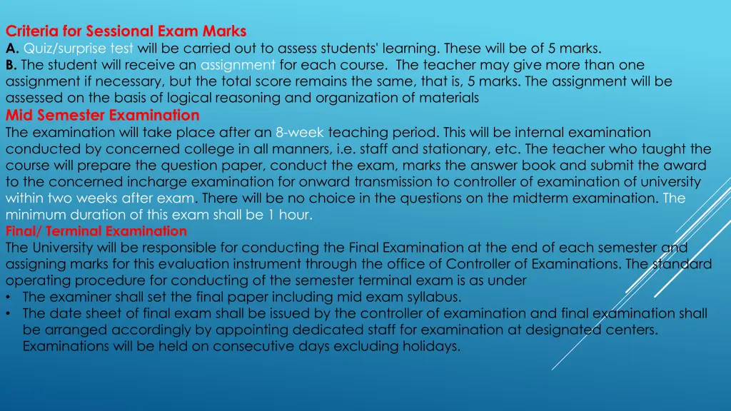 criteria for sessional exam marks a quiz surprise
