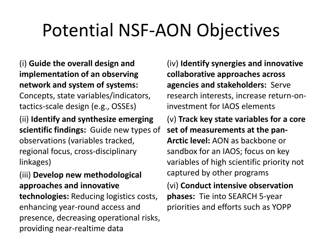 potential nsf aon objectives
