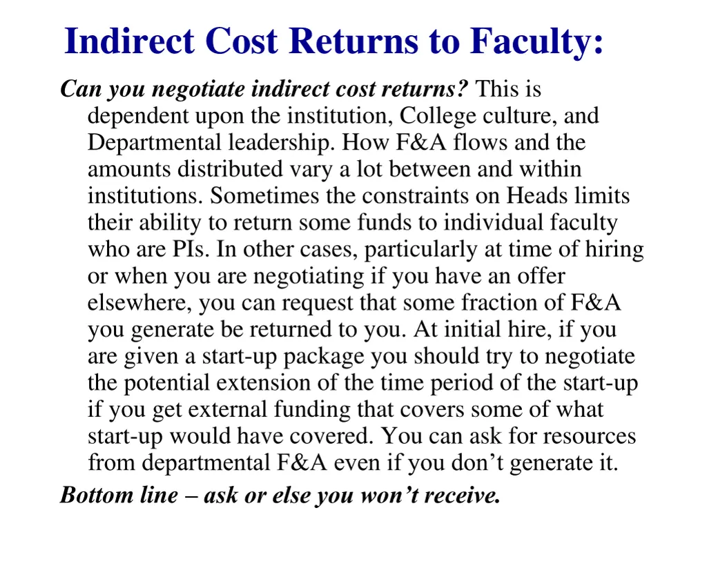 indirect cost returns to faculty