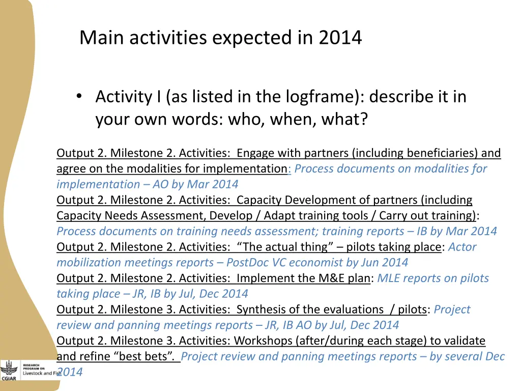 main activities expected in 2014 1