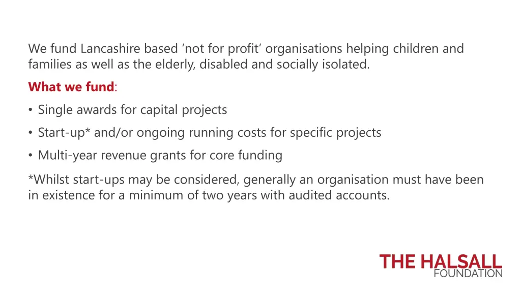 we fund lancashire based not for profit