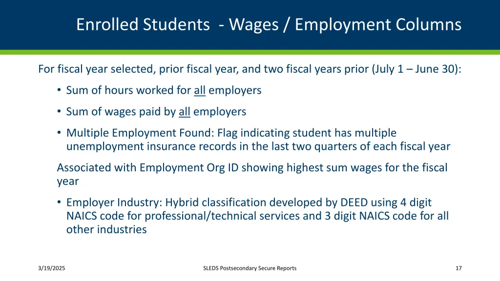 enrolled students wages employment columns