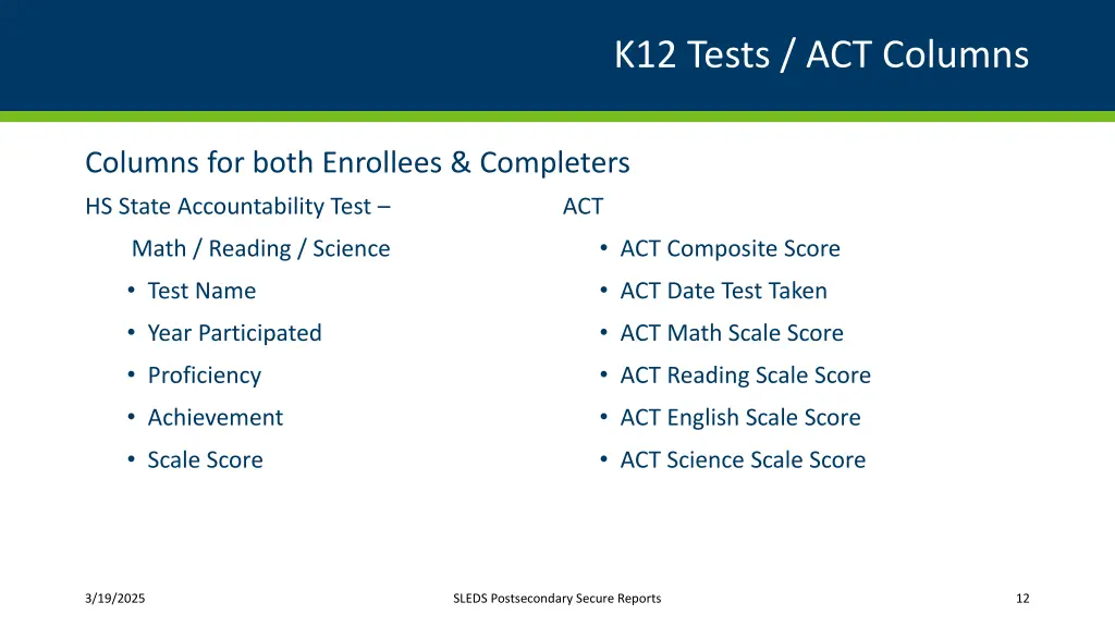 k12 tests act columns