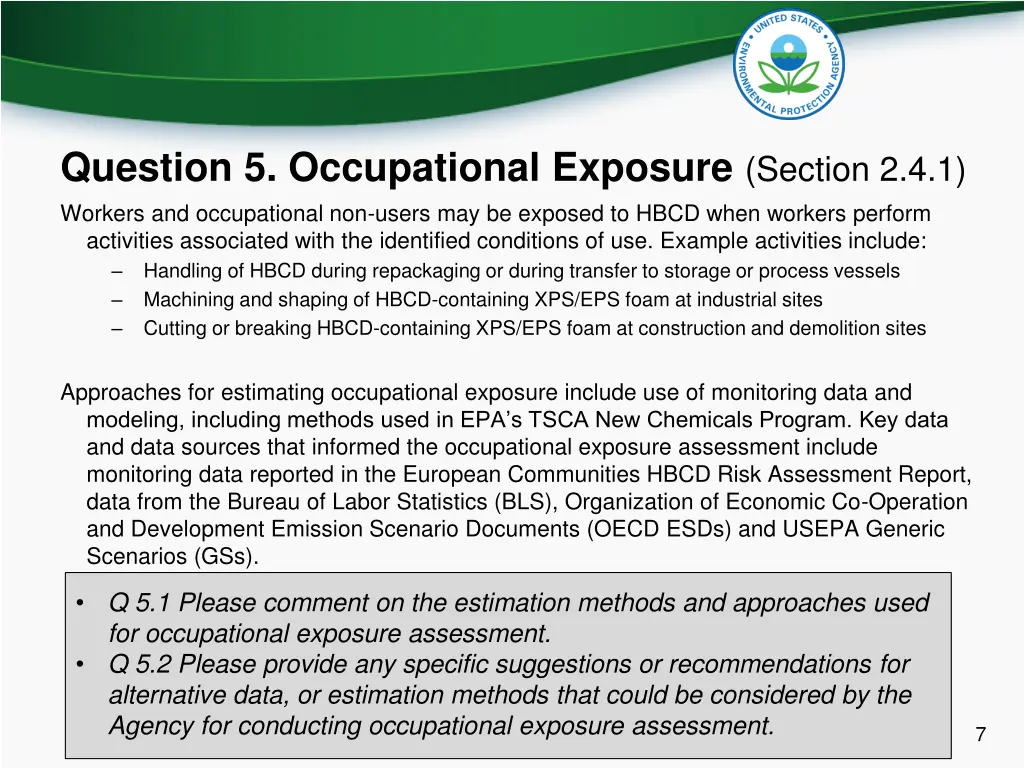 question 5 occupational exposure section