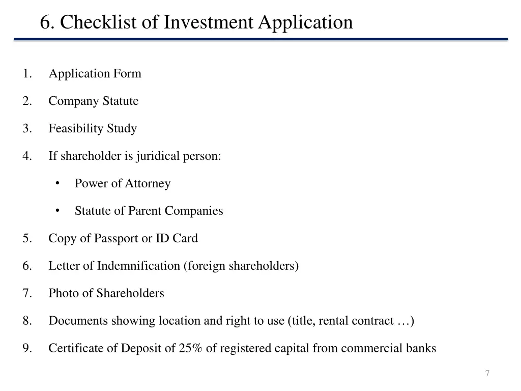6 checklist of investment application
