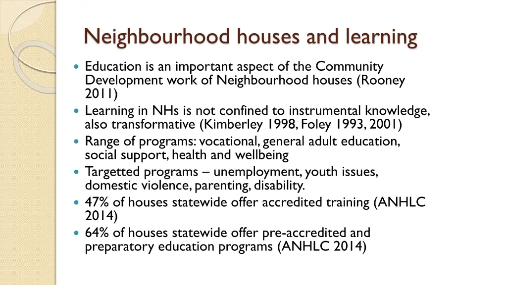 neighbourhood houses and learning