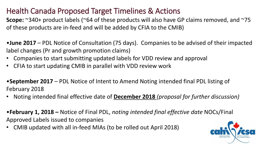 health canada proposed target timelines actions