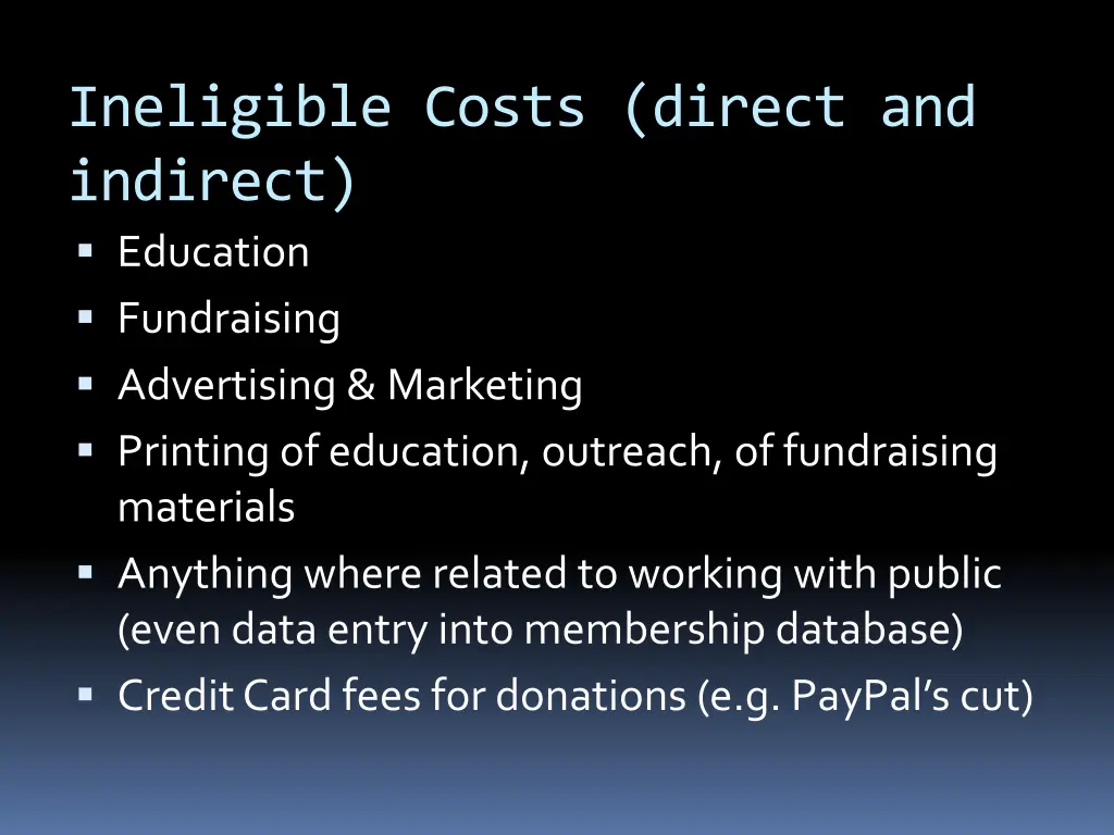 ineligible costs direct and indirect education
