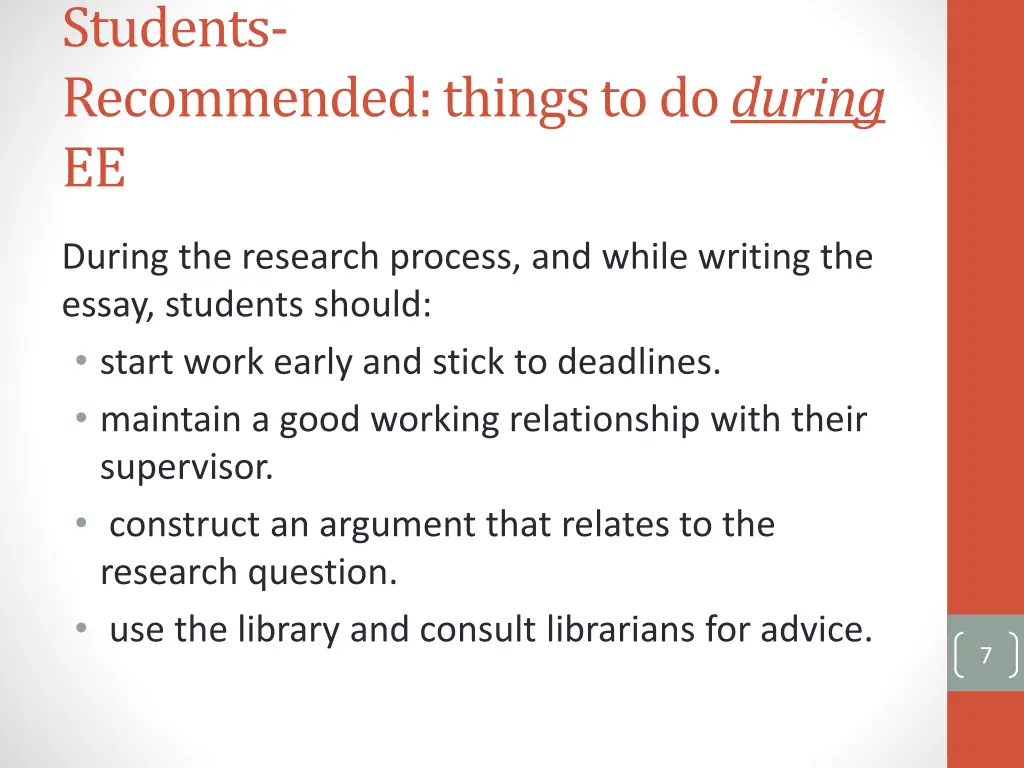 students recommended things to do during ee