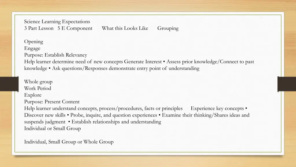 science learning expectations 3 part lesson