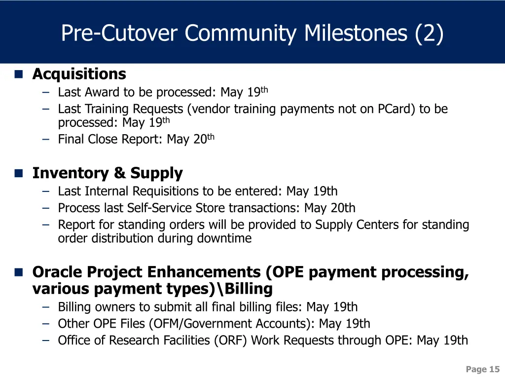 pre cutover community milestones 2