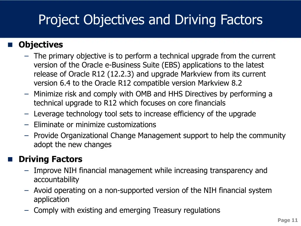 project objectives and driving factors