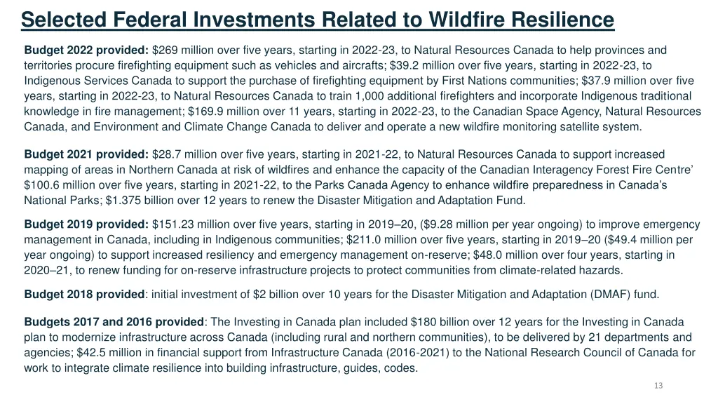 selected federal investments related to wildfire
