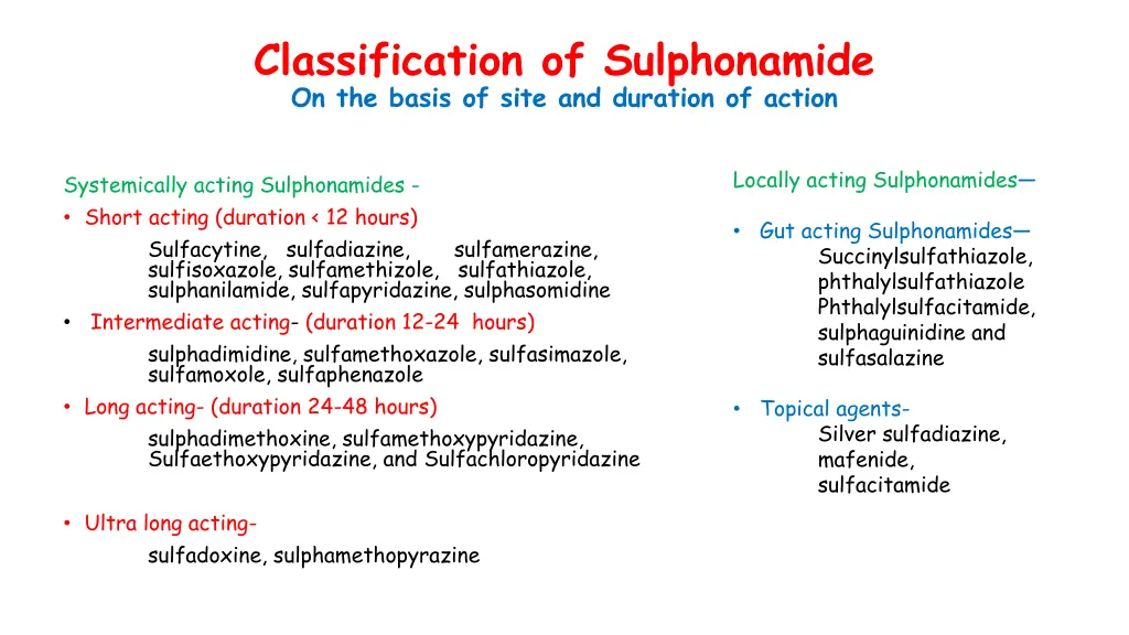 classification of sulphonamide on the basis