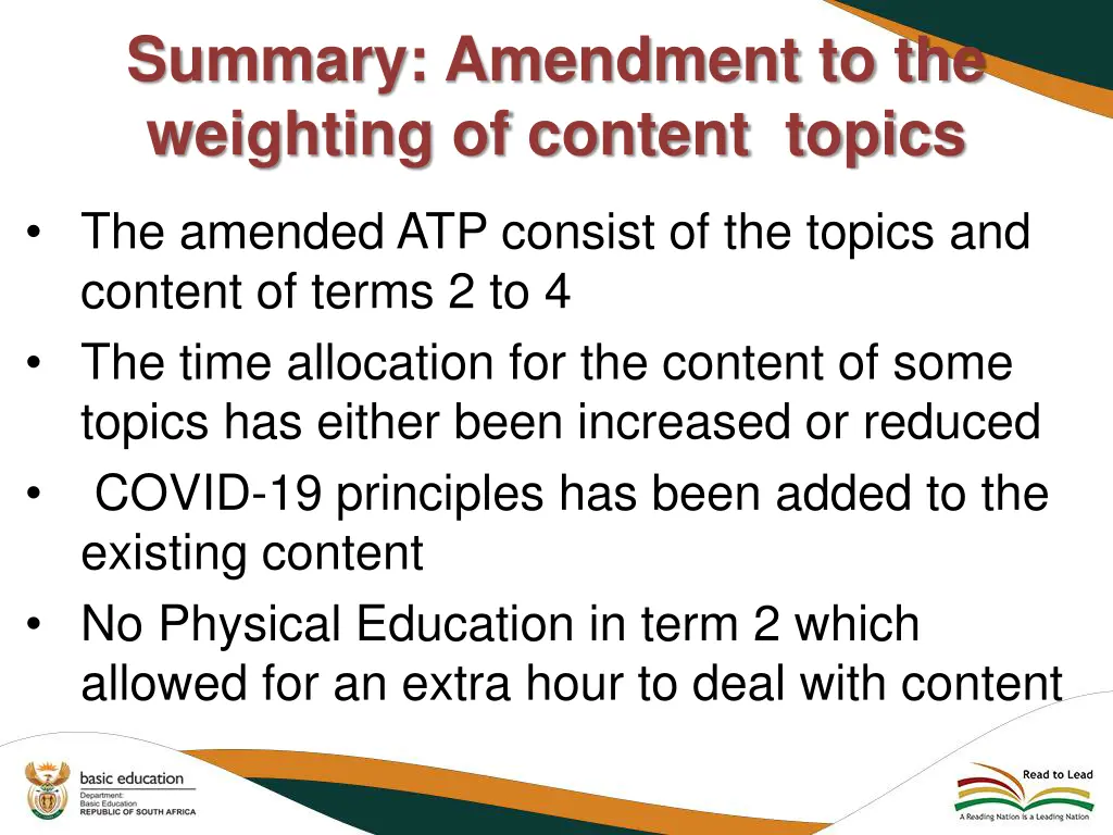 summary amendment to the weighting of content 1