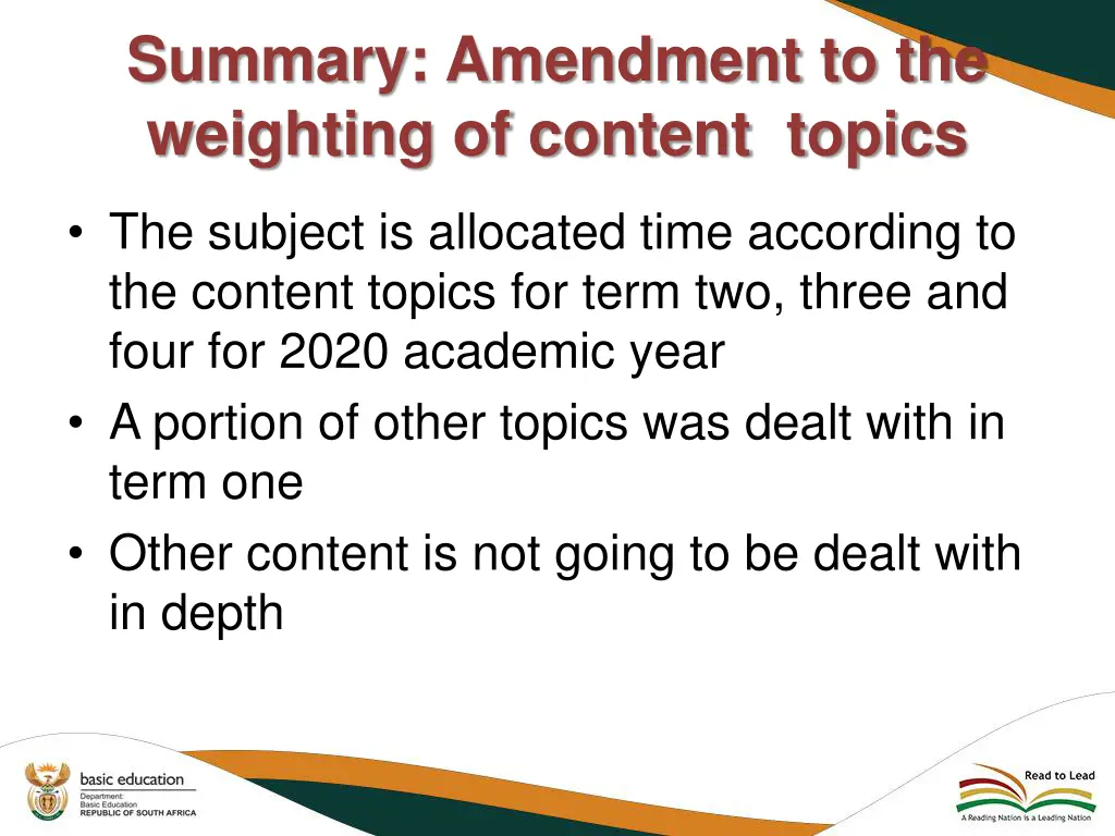summary amendment to the weighting of content