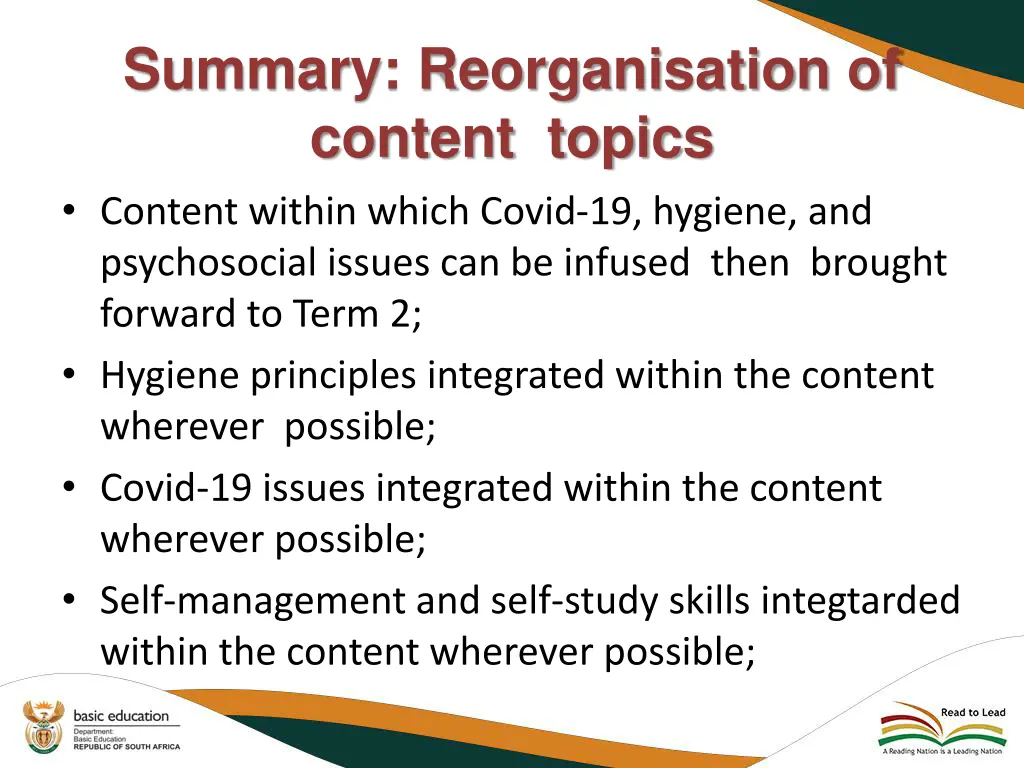 summary reorganisation of content topics content