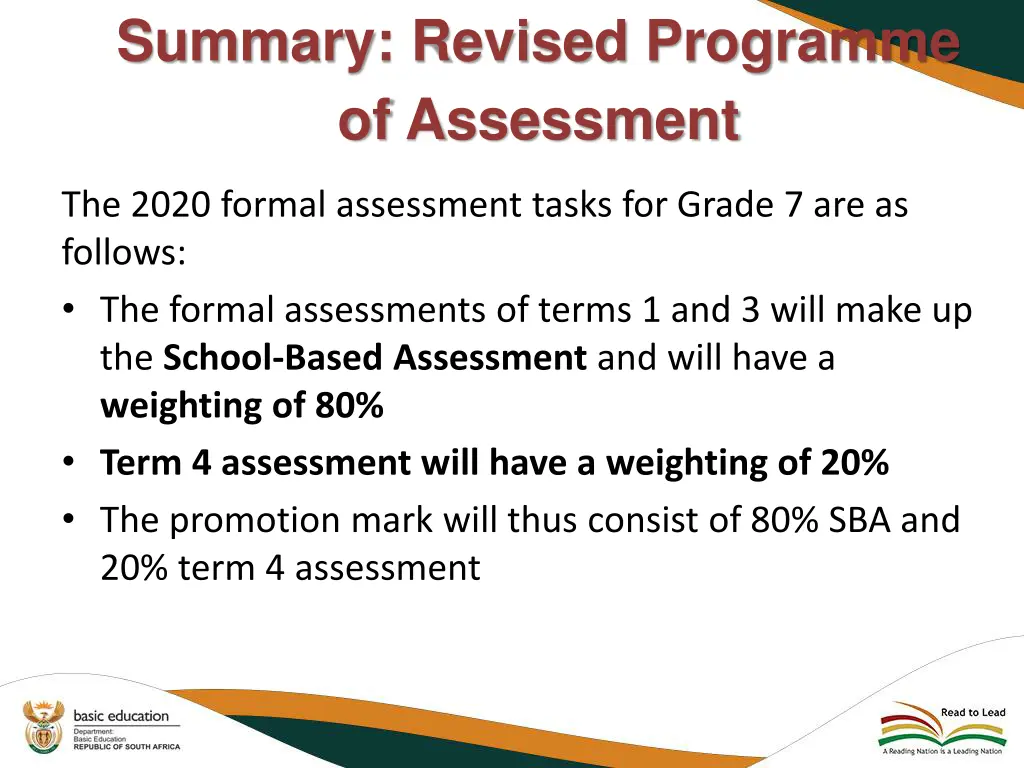 summary revised programme of assessment 1