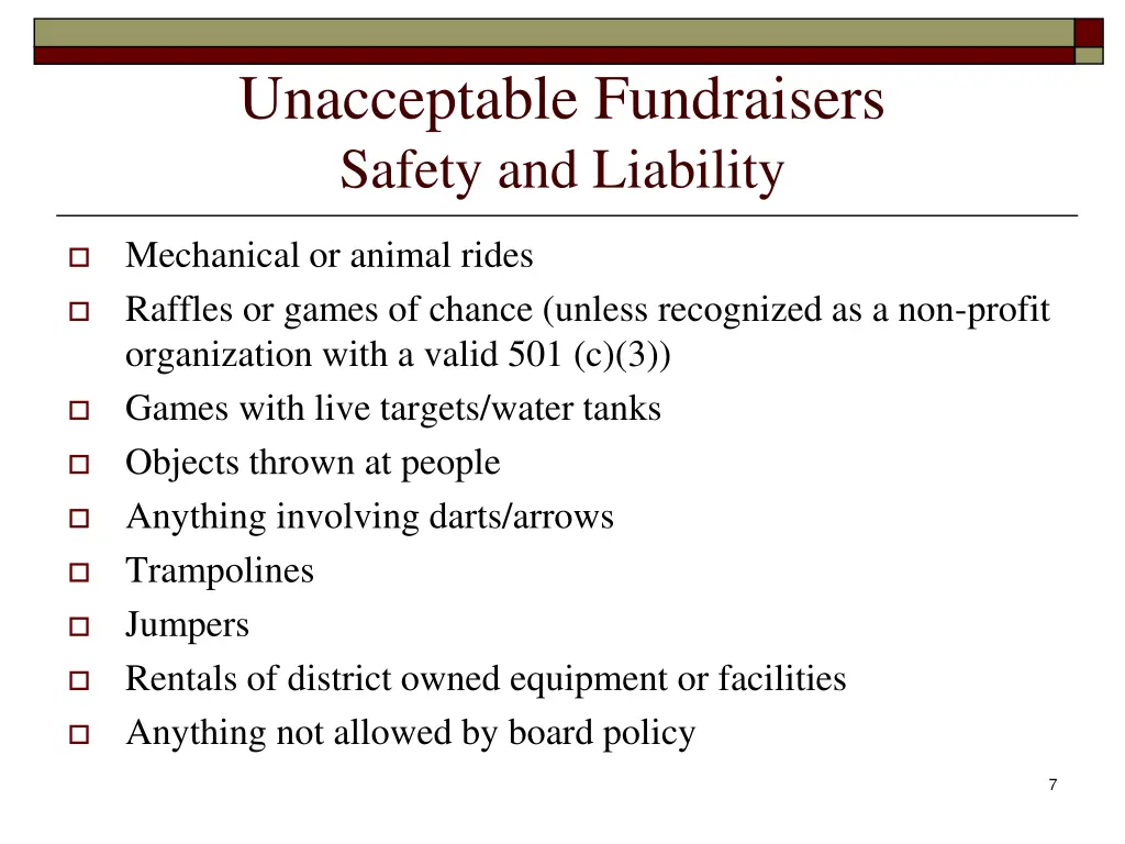 unacceptable fundraisers safety and liability
