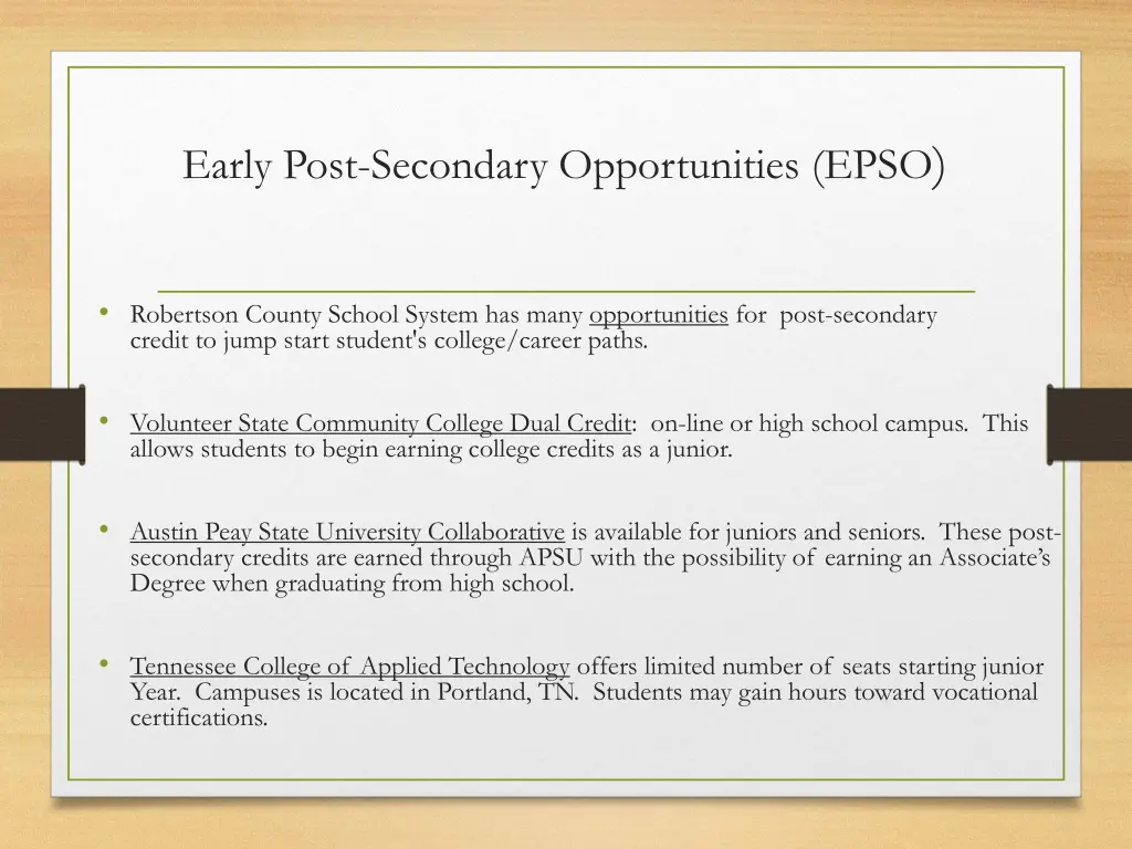 early post secondary opportunities epso