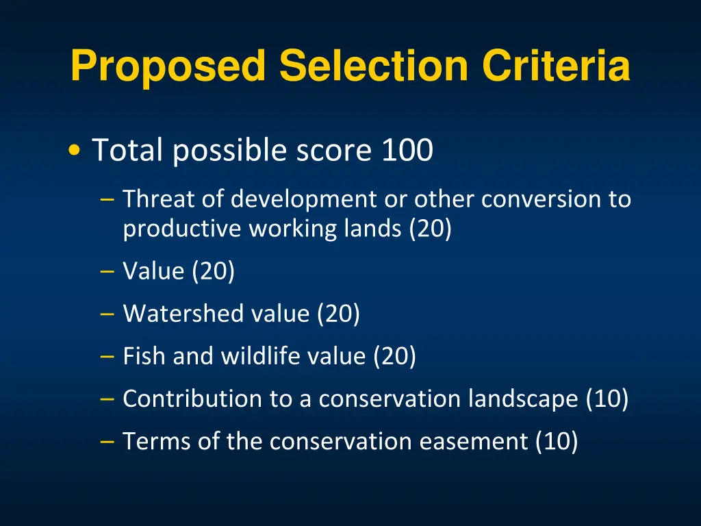 proposed selection criteria