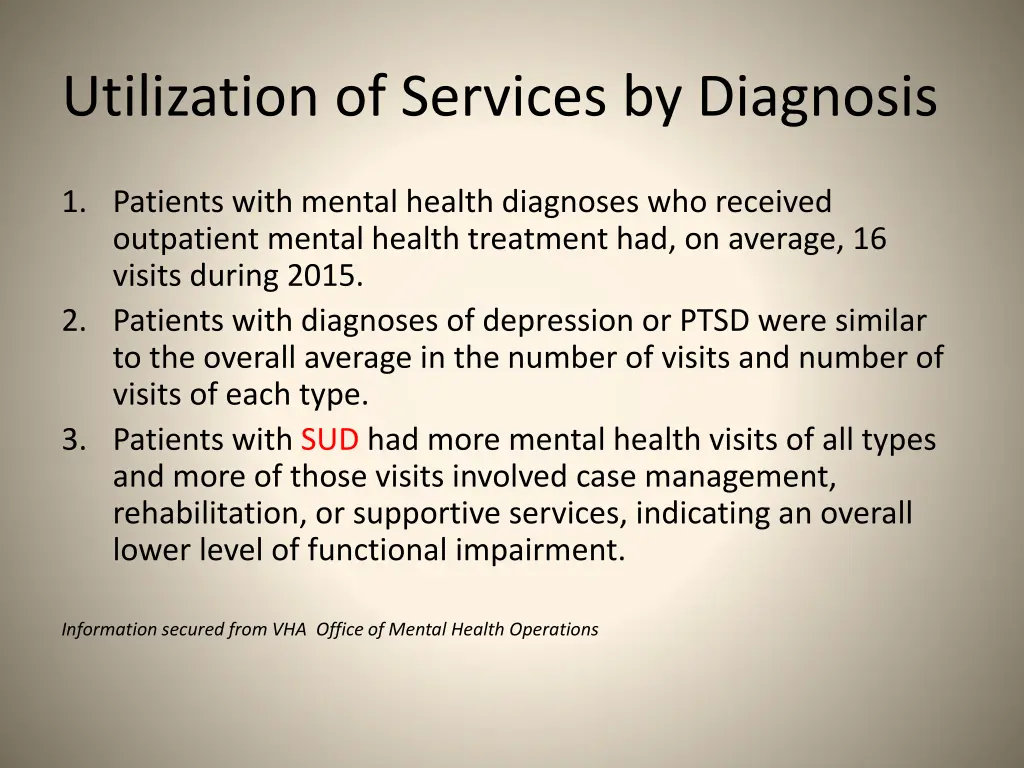 utilization of services by diagnosis