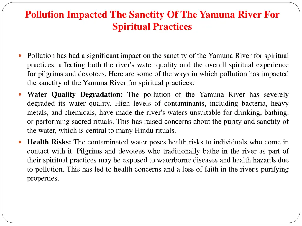 pollution impacted the sanctity of the yamuna