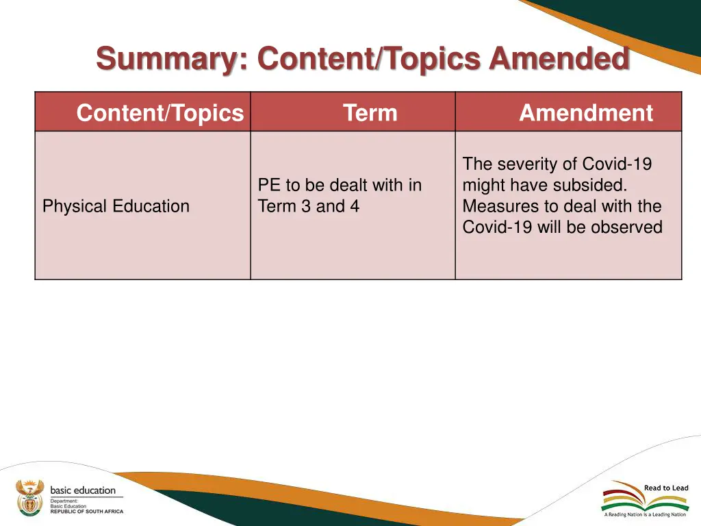 summary content topics amended 5