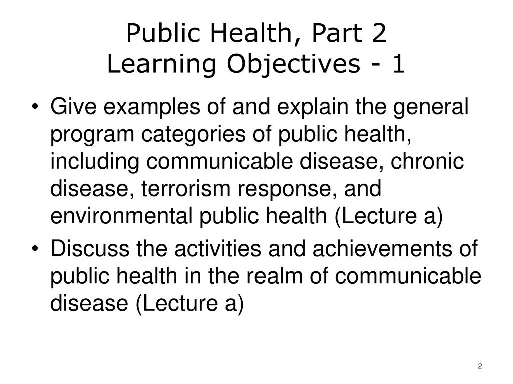 public health part 2 learning objectives 1