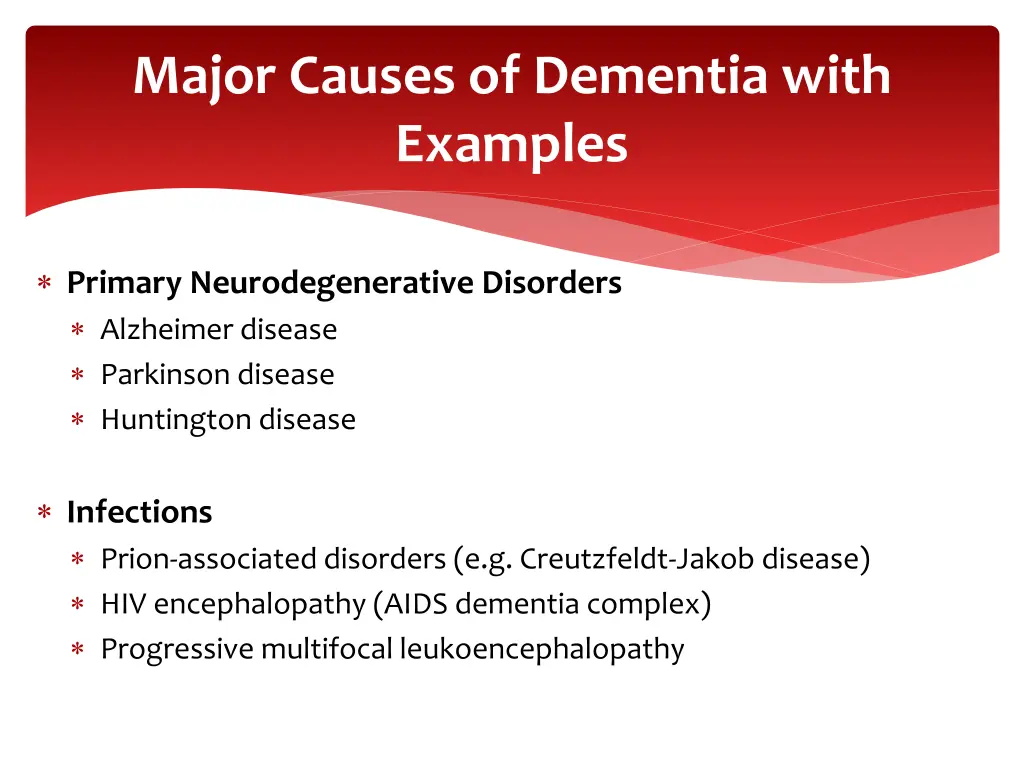 major causes of dementia with examples