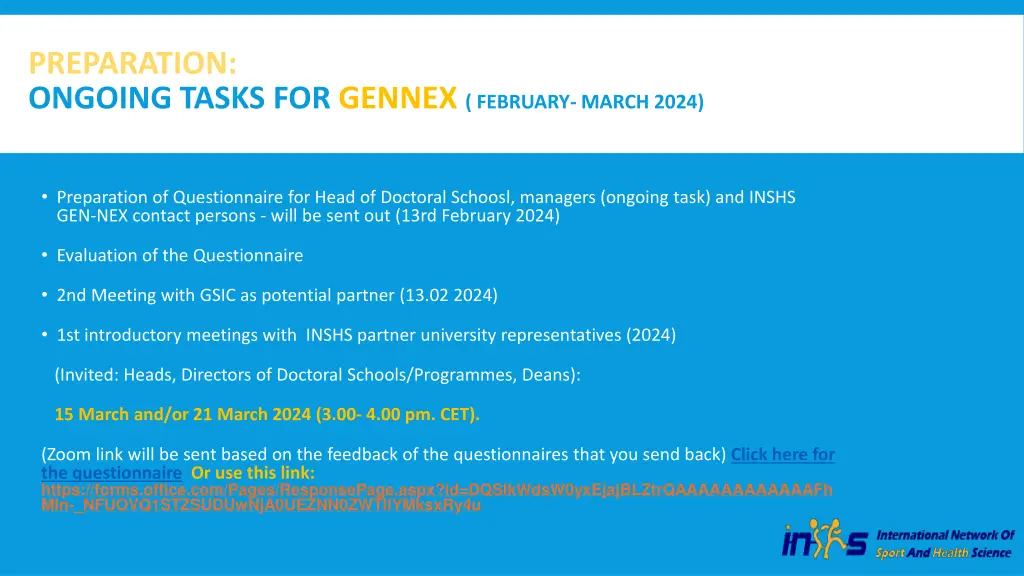 preparation ongoing tasks for gennex february