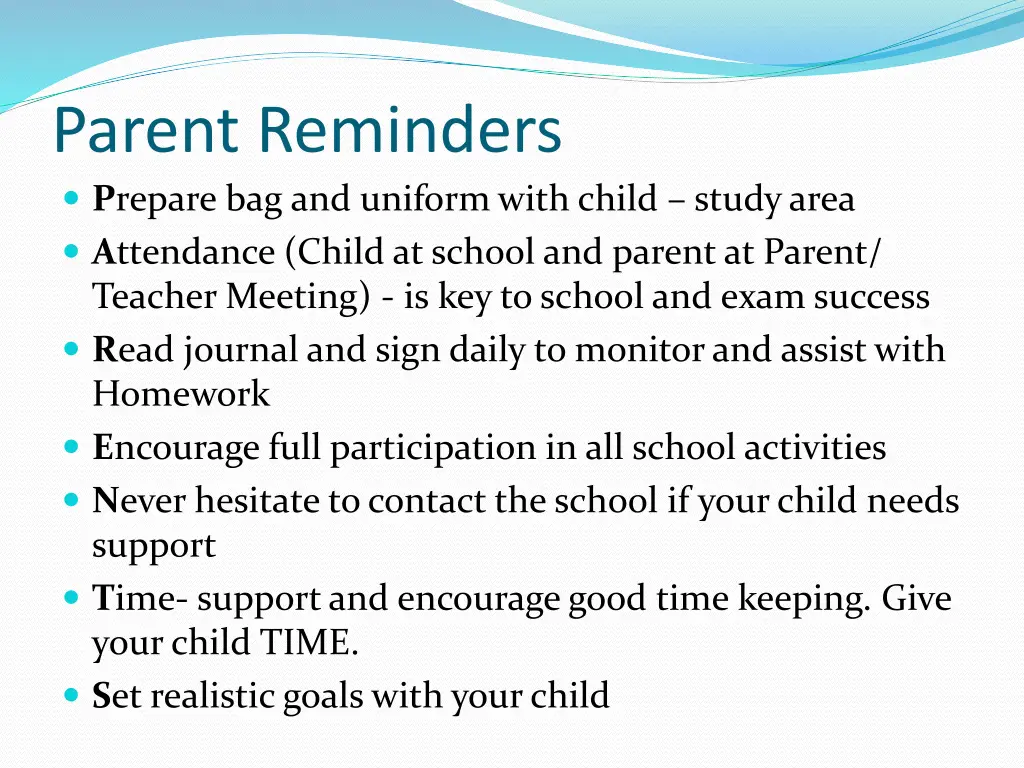 parent reminders p repare bag and uniform with