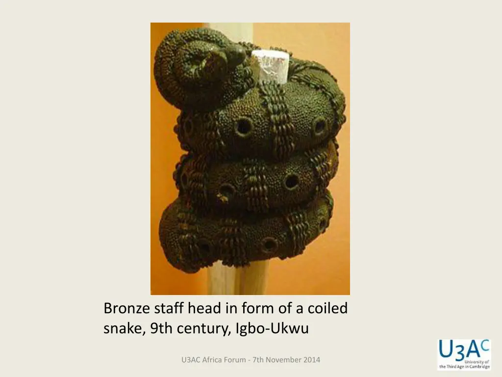 bronze staff head in form of a coiled snake