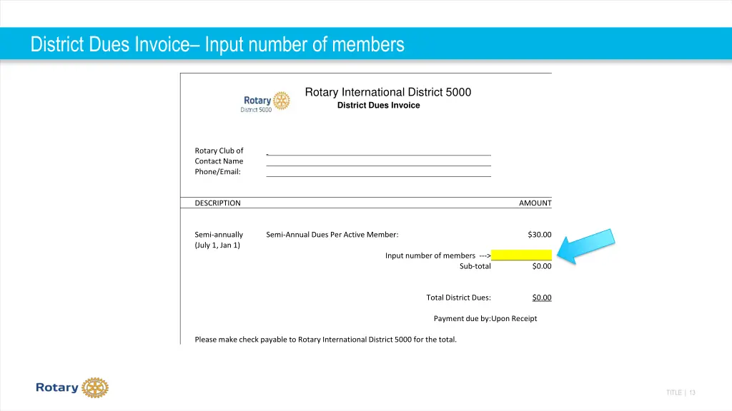 district dues invoice input number of members