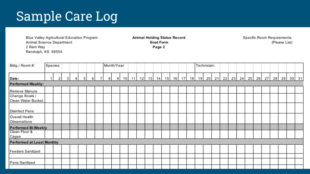 sample care log