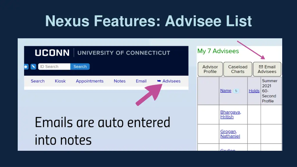 nexus features advisee list