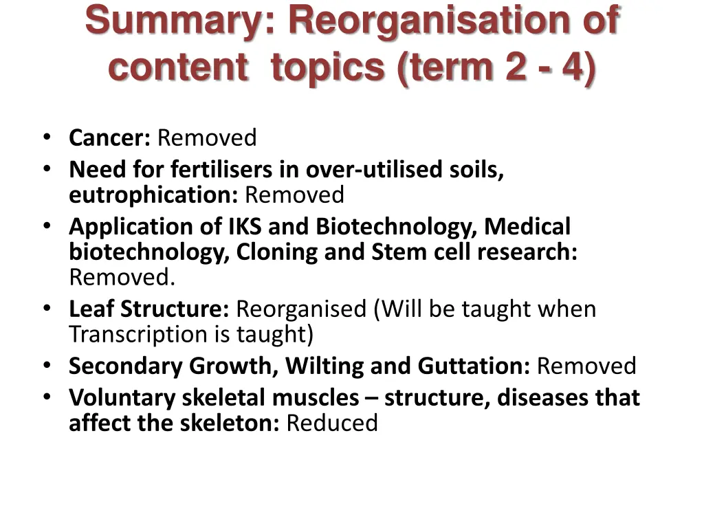 summary reorganisation of content topics term 2 4