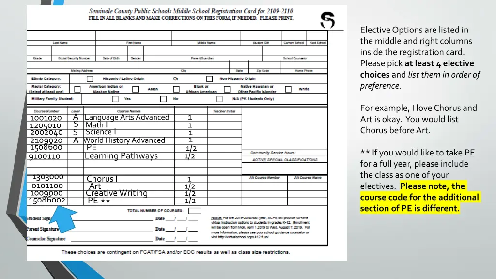 elective options are listed in the middle