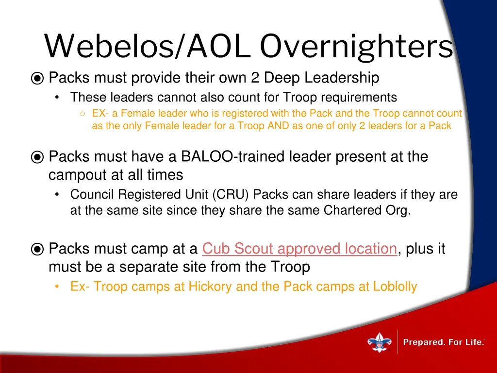 webelos aol overnighters packs must provide their