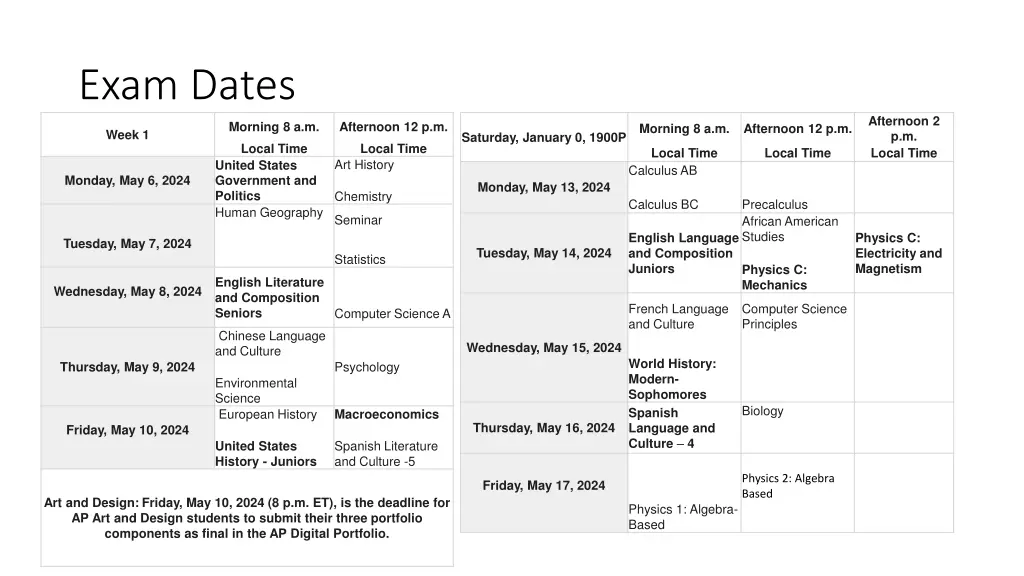 exam dates