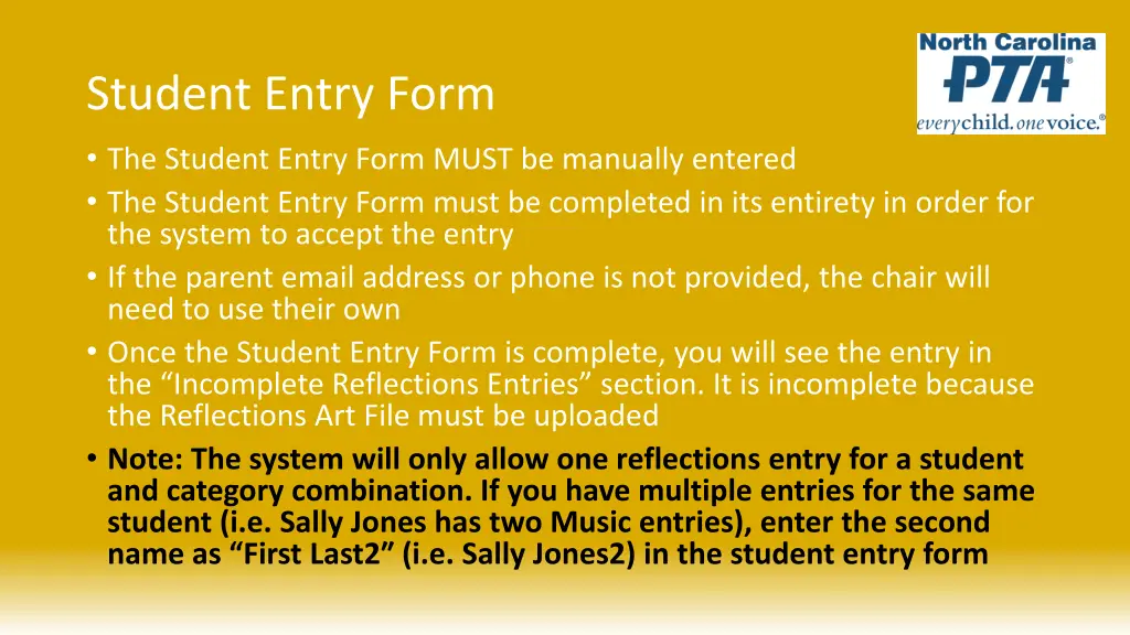 student entry form
