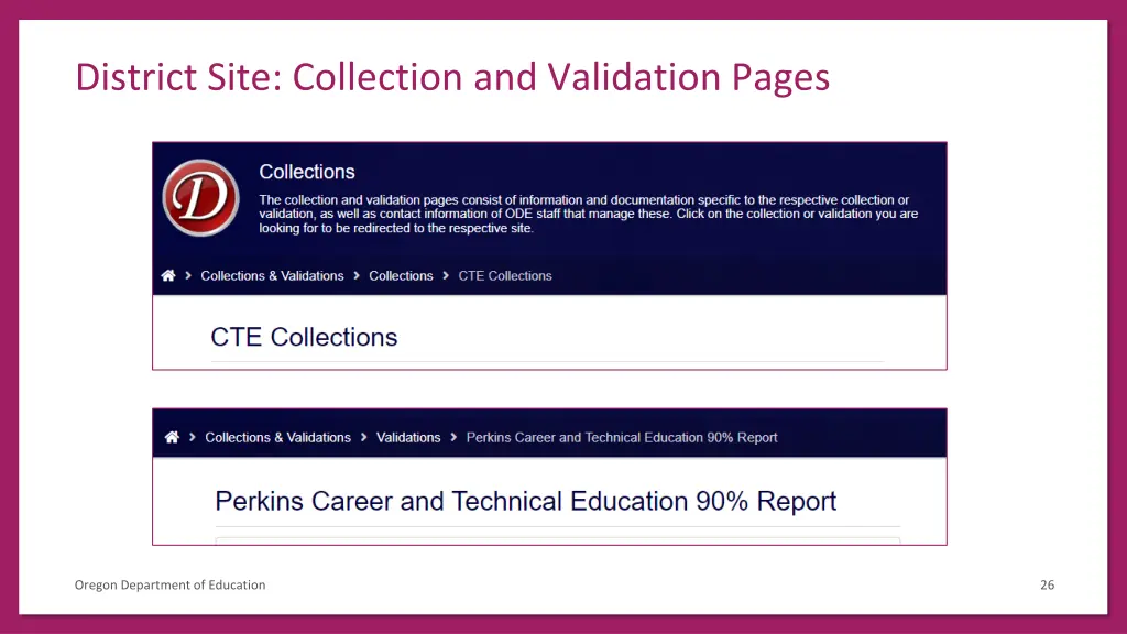 district site collection and validation pages