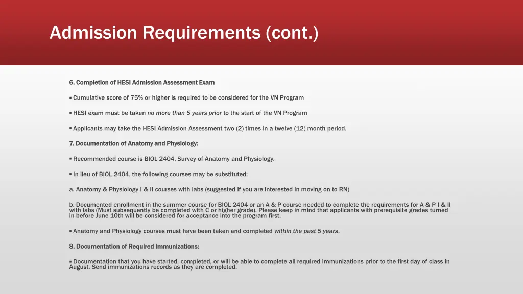 admission requirements cont