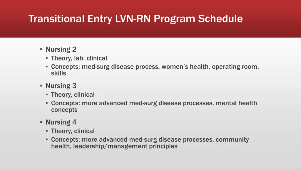 transitional entry lvn rn program schedule