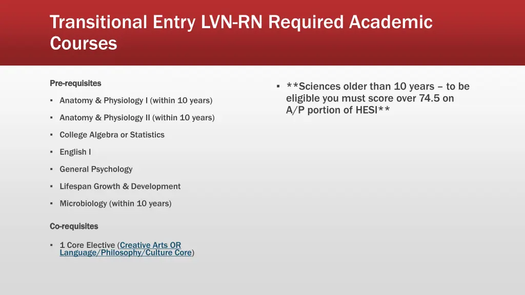 transitional entry lvn rn required academic