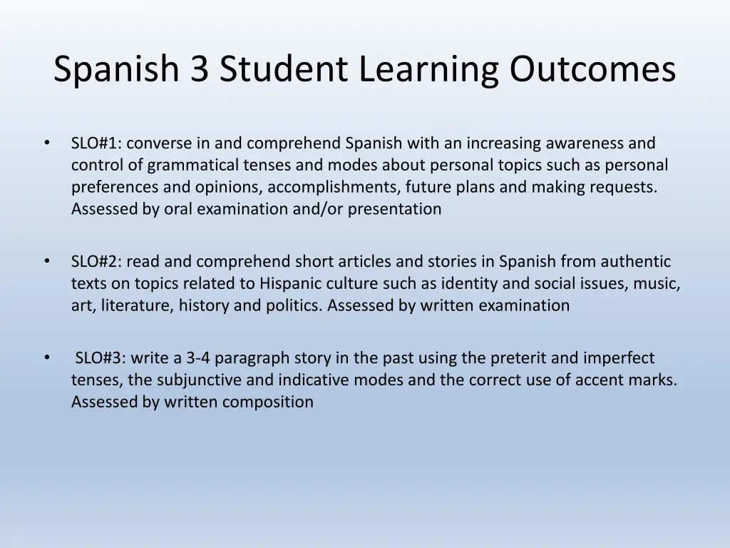 spanish 3 student learning outcomes