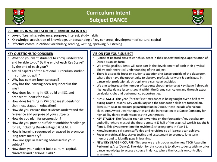 curriculum intent subject dance